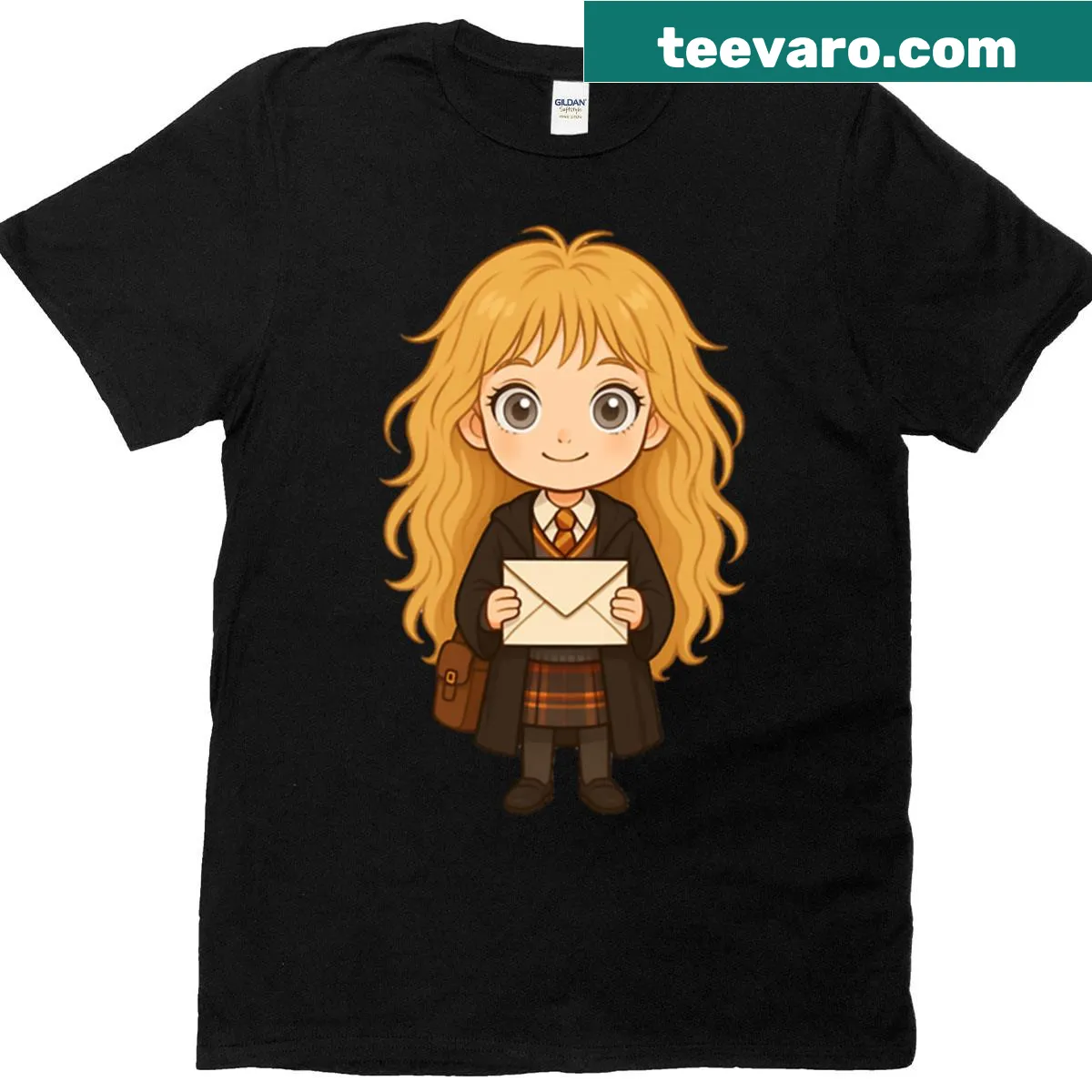 Charming chibi-style witch girl graphic on a T-shirt — on a men's t-shirt