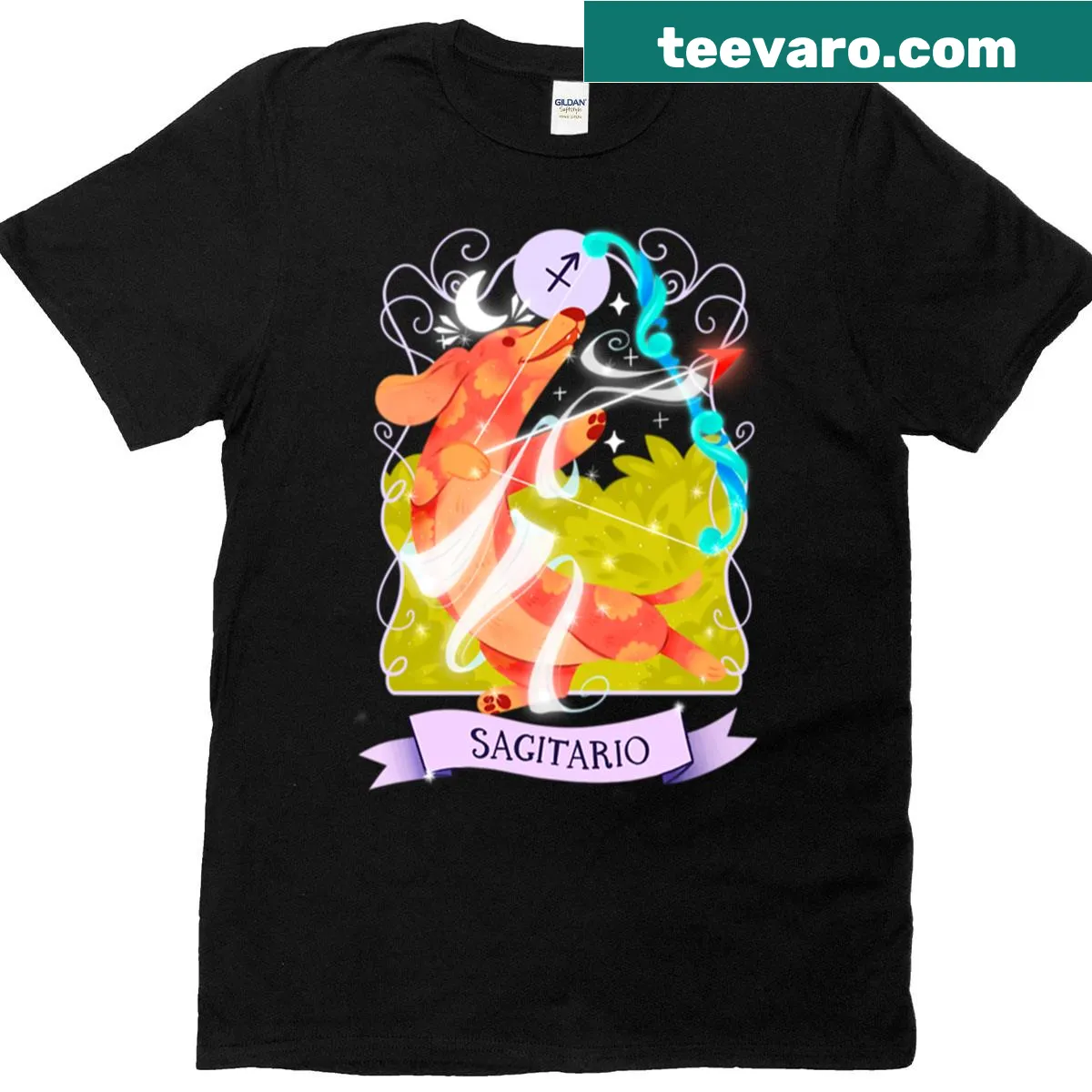 Dachshund graphic representing the Sagittarius zodiac sign — on a men's t-shirt