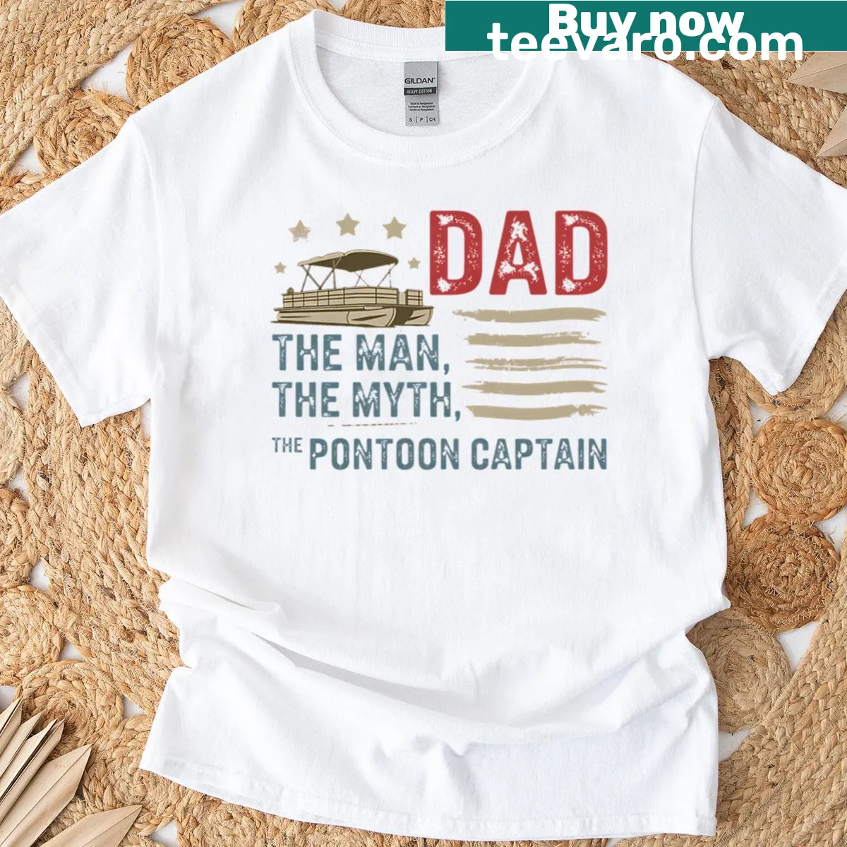 Patriotic shirt with USA flag and 'Dad Man Myth' text for boat lovers. — on a men's t-shirt