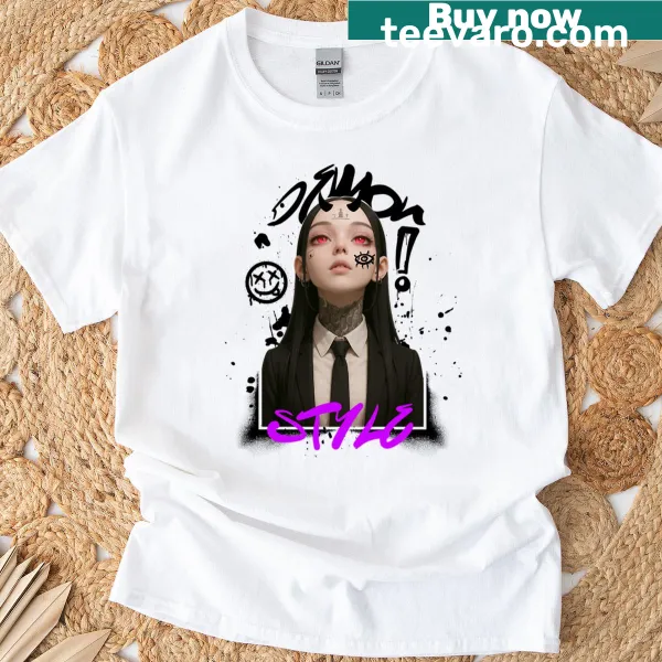 Dark anime demon girl in urban suit graphic on T-shirt