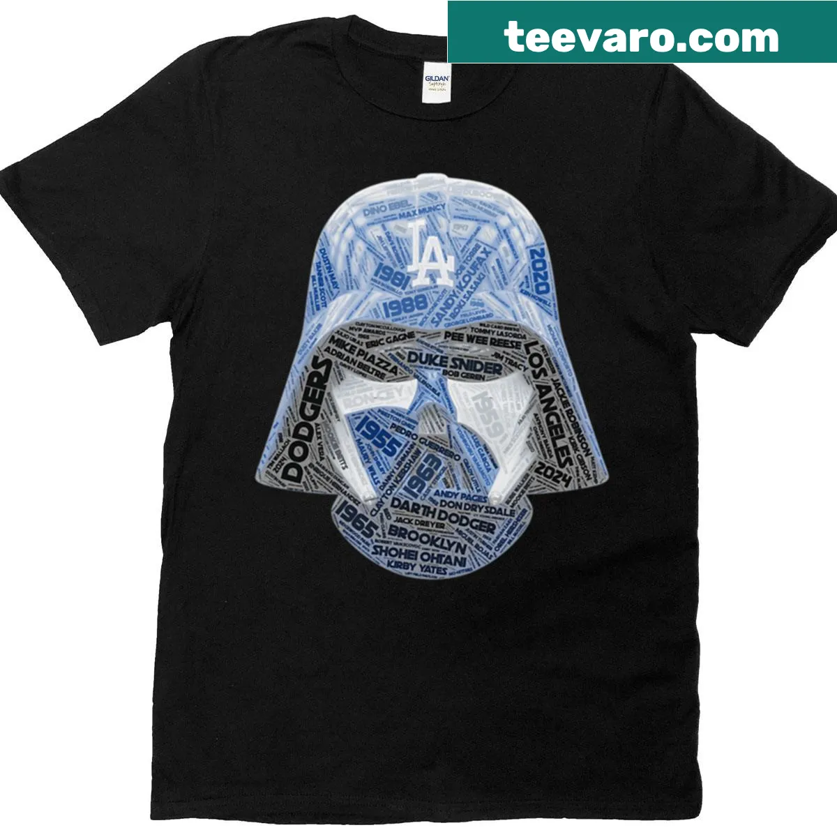 Cartoon-style Darth Dodger graphic on a T-shirt — on a men's t-shirt