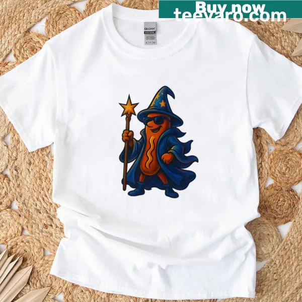 Whimsical wizard and hot dog graphic T-shirt