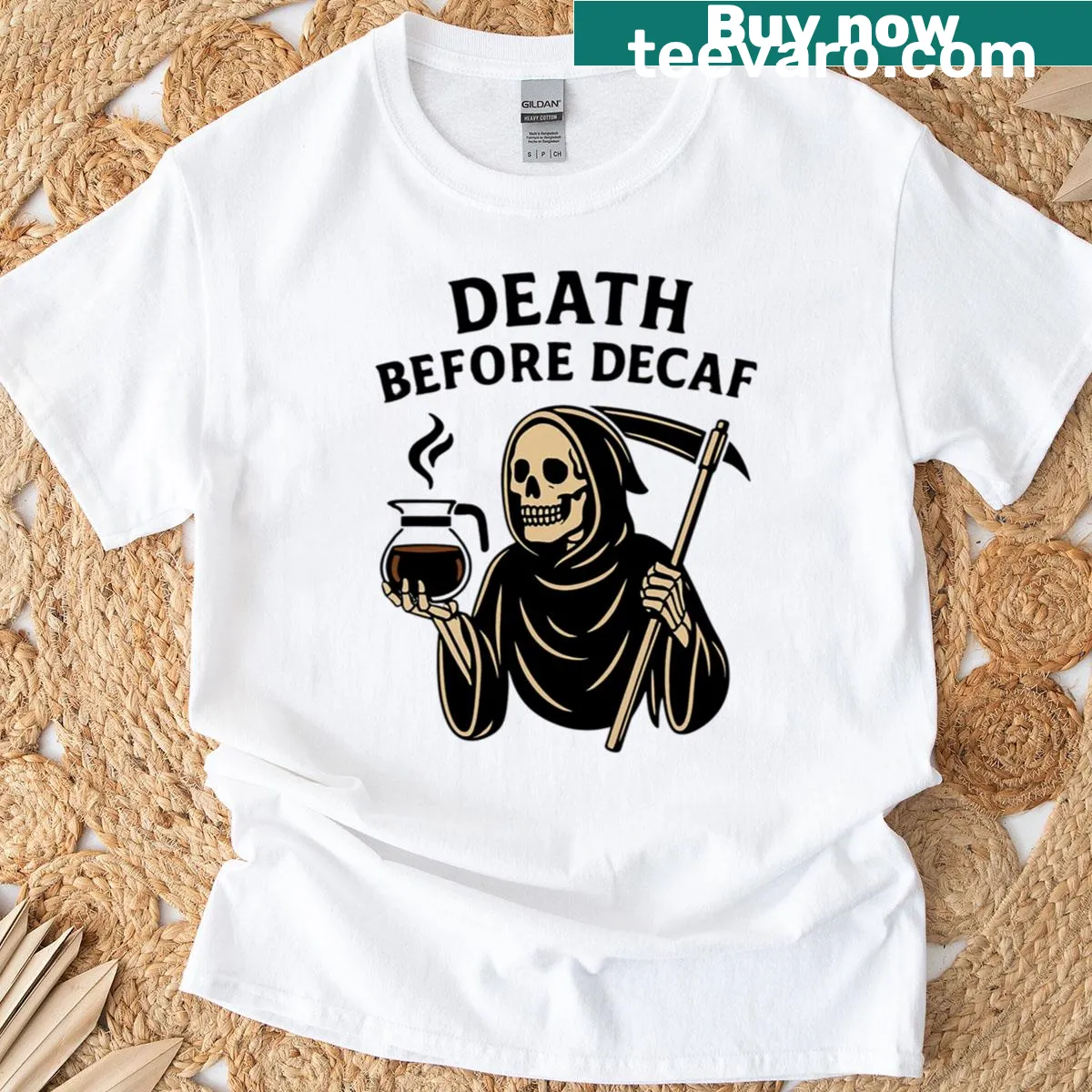 Funny Death Before Decaf T-shirt with grim reaper graphic — on a men's t-shirt