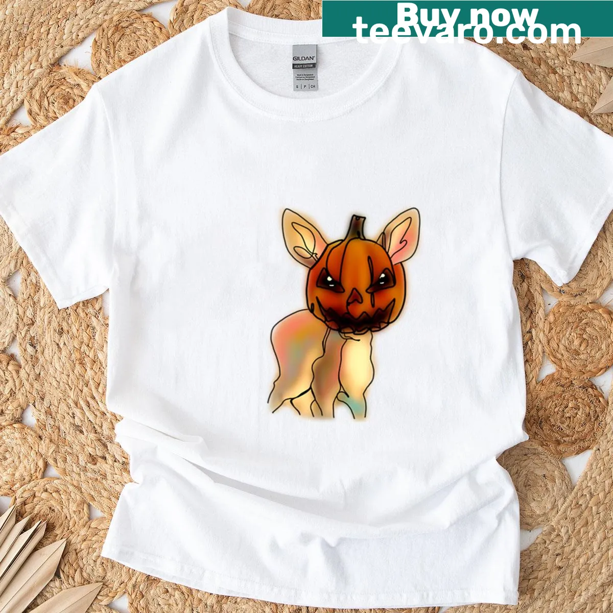 Cartoon deer with a jack-o-lantern hat on oversized t-shirt — on a men's t-shirt