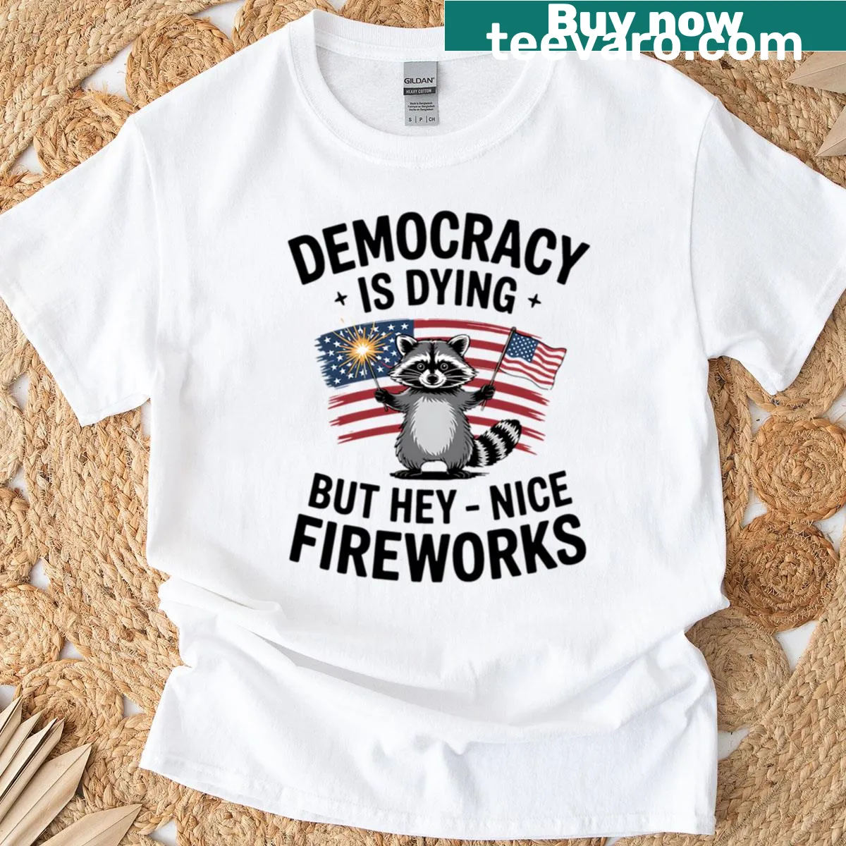 Funny raccoon T-shirt with fireworks for Fourth of July — on a men's t-shirt