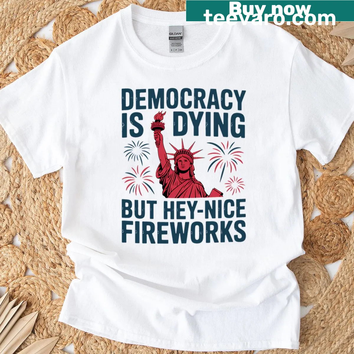 Statue of Liberty graphic with fireworks representing democracy — on a men's t-shirt