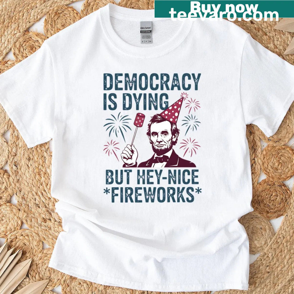 Abe Lincoln graphic with fireworks representing democracy — on a men's t-shirt