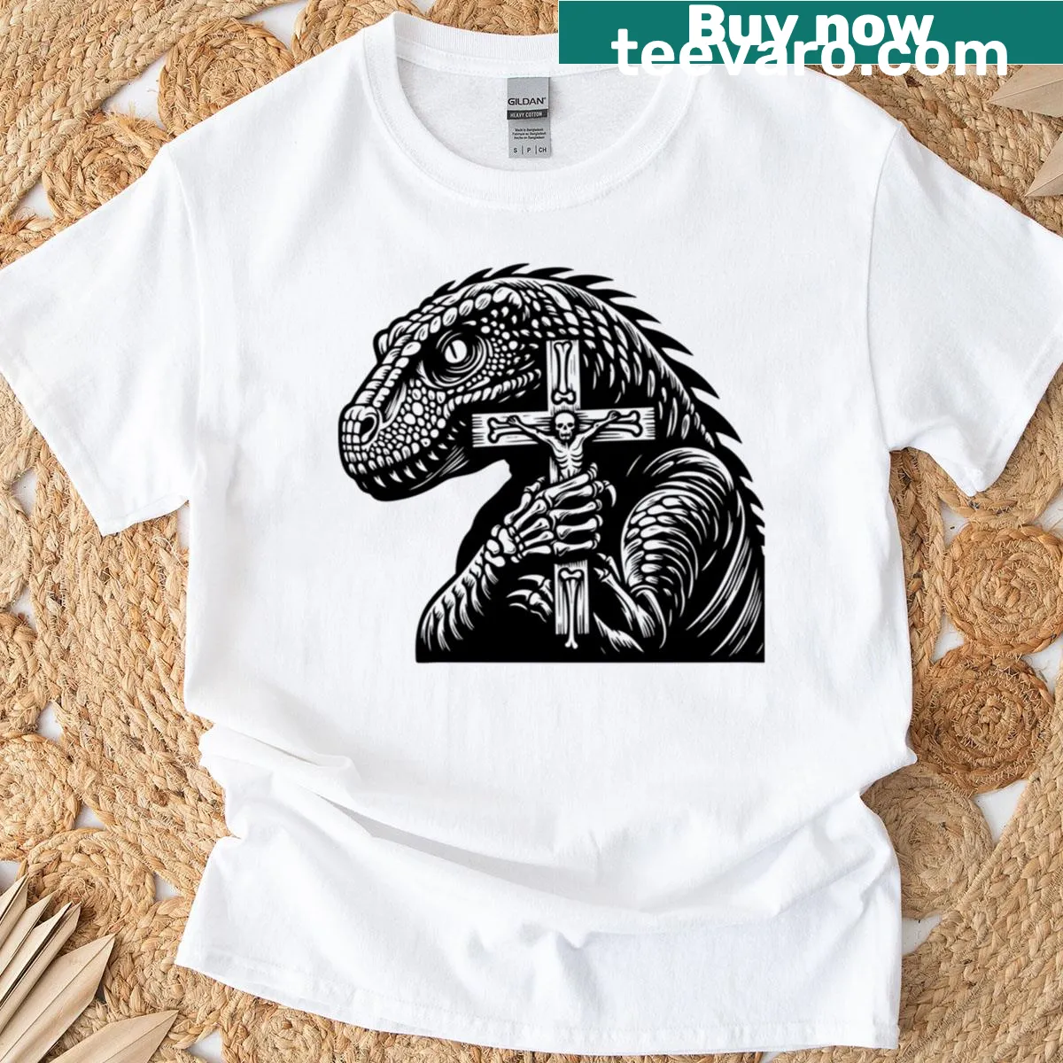 Dinosaur illustration with a cross on T-shirt — on a men's t-shirt