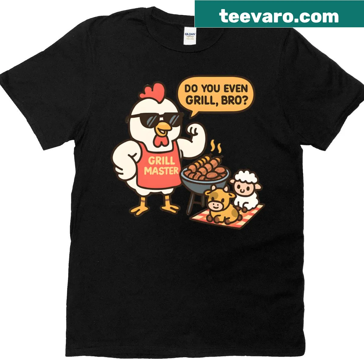 Cute BBQ-themed t-shirt with cartoon chicken graphic — on a men's t-shirt