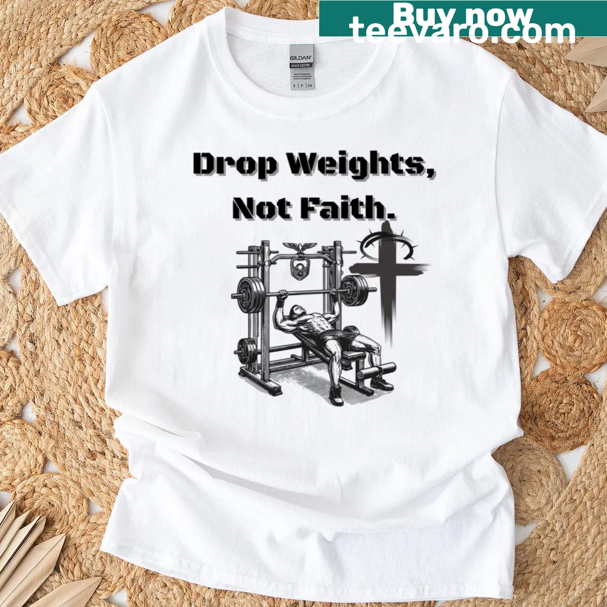 Inspirational fitness T-shirt with 'Drop Weights Not Faith' slogan — on a men's t-shirt
