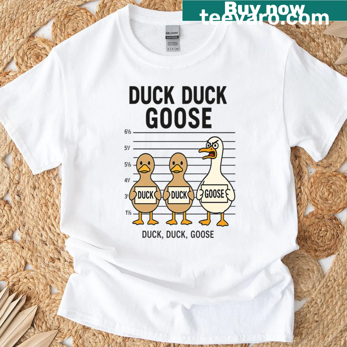 Playful Duck Duck Goose graphic on an oversized T-shirt — on a men's t-shirt