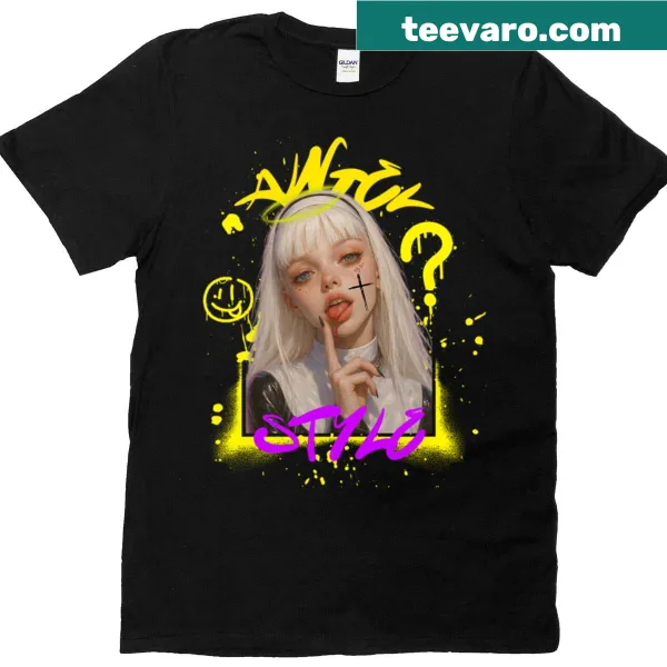 Anime girl graphic T-shirt with urban graffiti style.