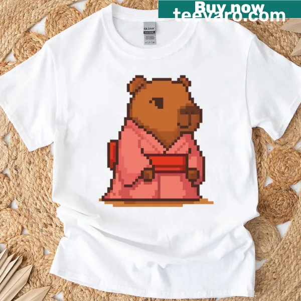 Pixel art capybara in a kimono graphic on a t-shirt.