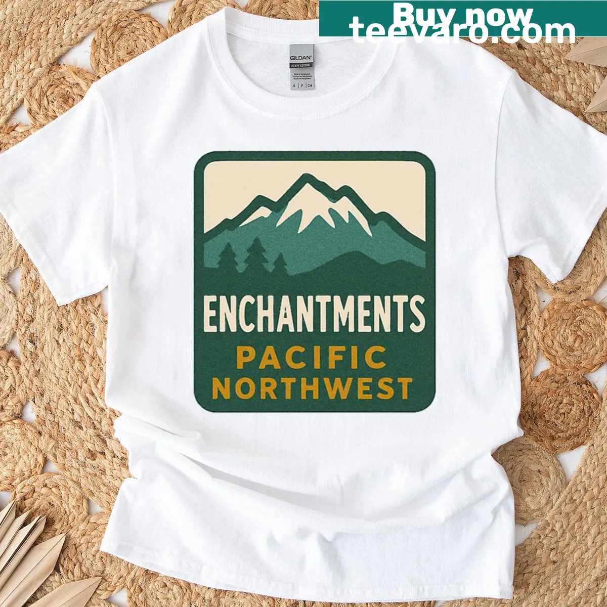 Playful sticker design celebrating Pacific Northwest hiking — on a men's t-shirt