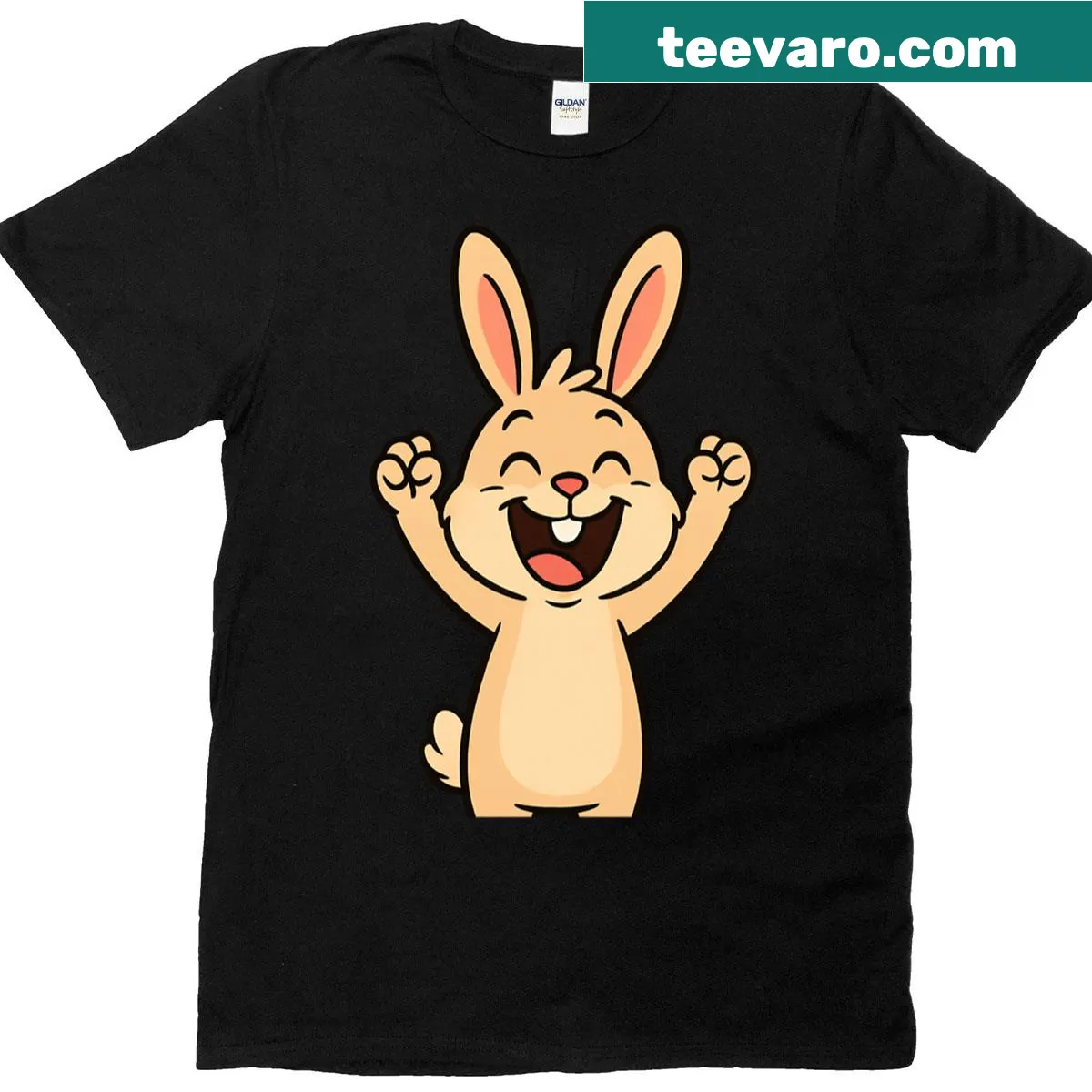 Oversized T-shirt with an excited bunny illustration raising its arms. — on a men's t-shirt