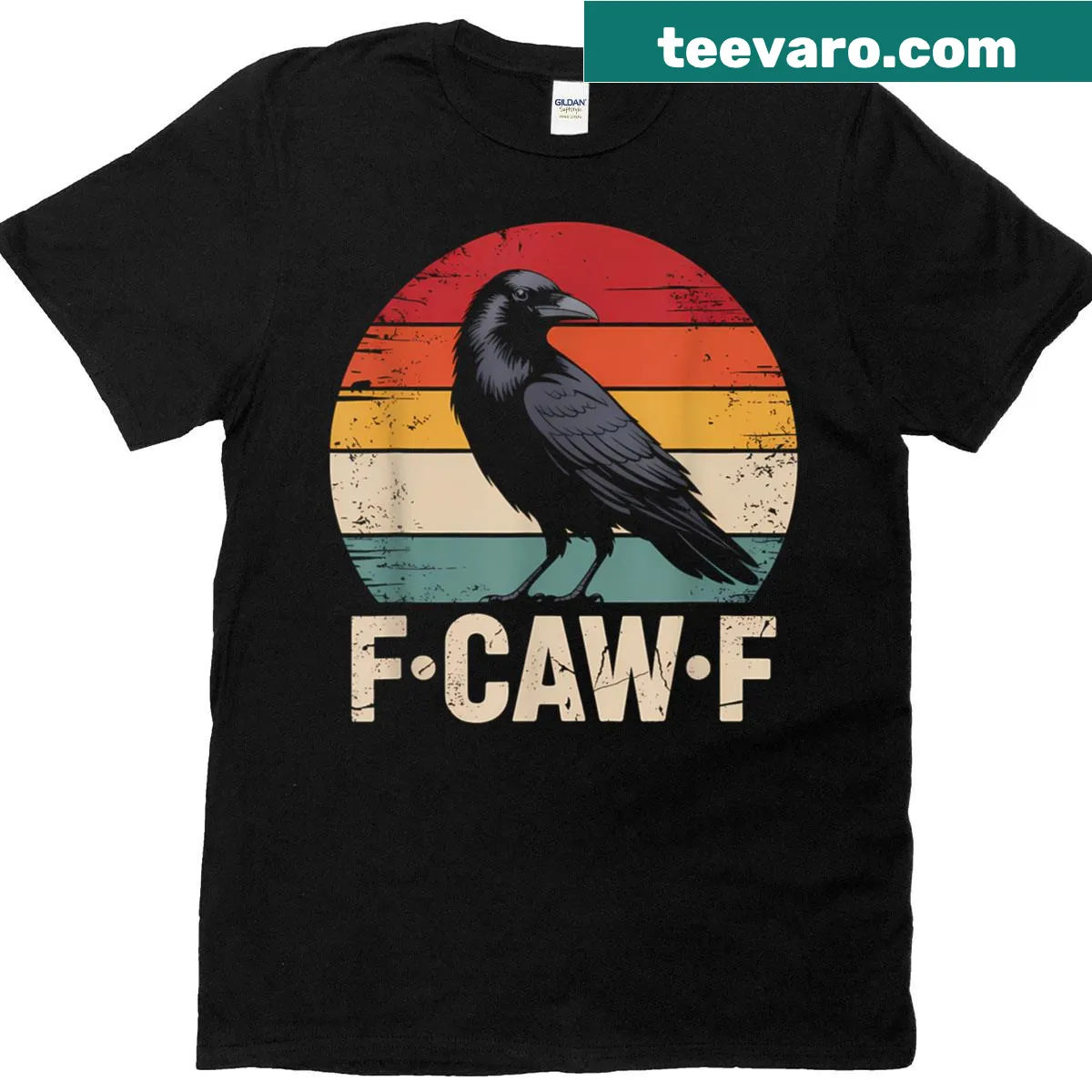 Gothic raven silhouette T-shirt for Halloween with 'caw caw' text. — on a men's t-shirt