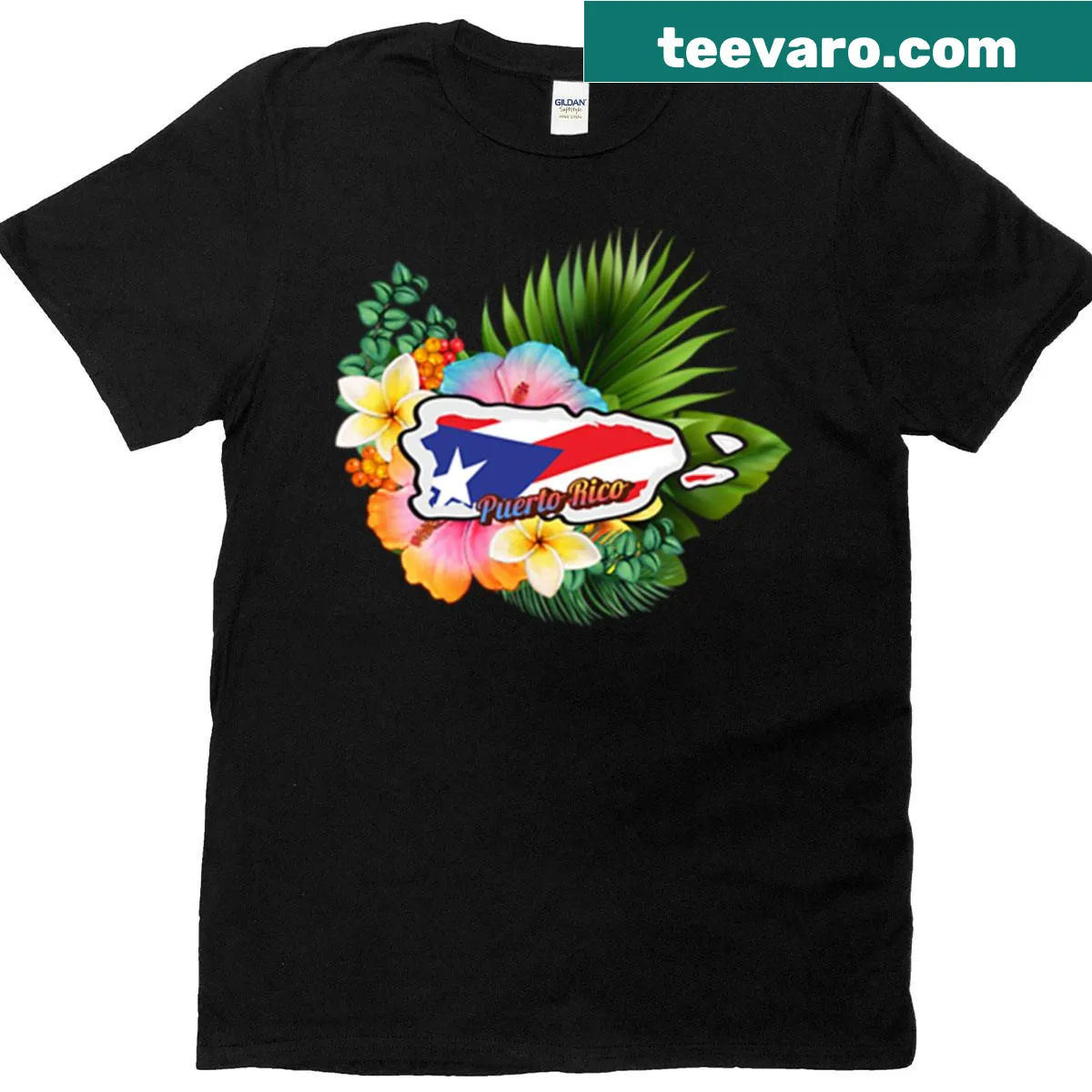 Illustrated Puerto Rico flag with flowers and leaves design — on a men's t-shirt