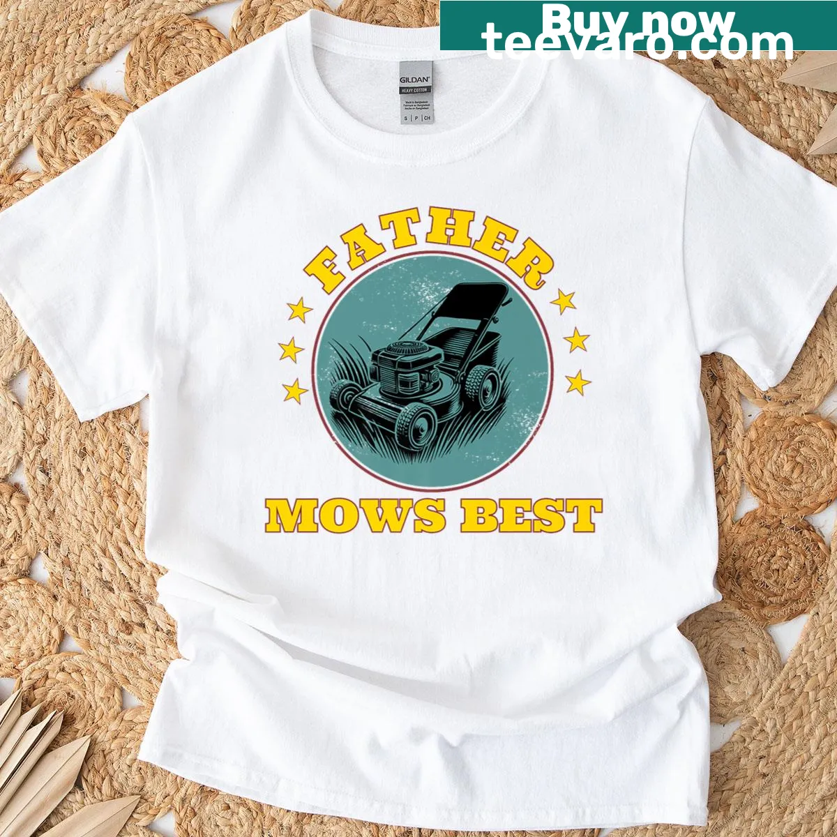 Funny dad t-shirt with lawn mower graphic and text 'Father Mows Best' — on a men's t-shirt