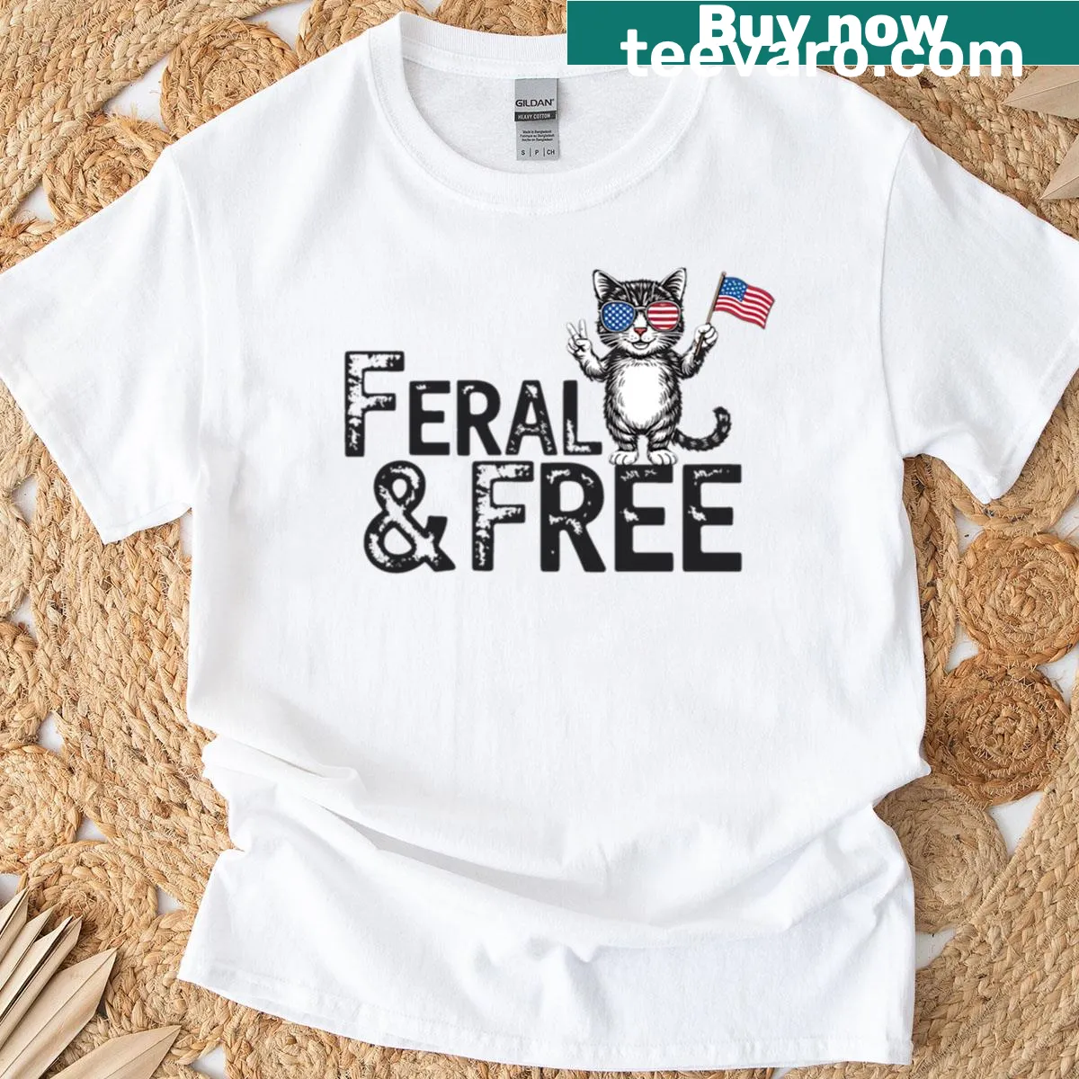 Humorous 4th of July t-shirt featuring a feral cat — on a men's t-shirt