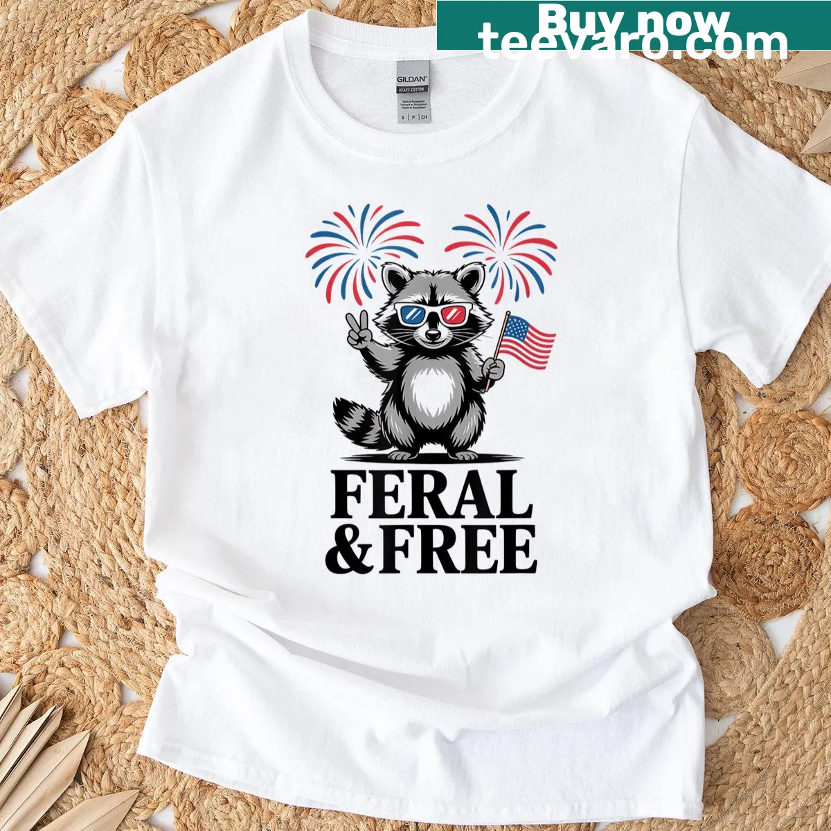 Funny Fourth of July t-shirt featuring a raccoon with fireworks — on a men's t-shirt