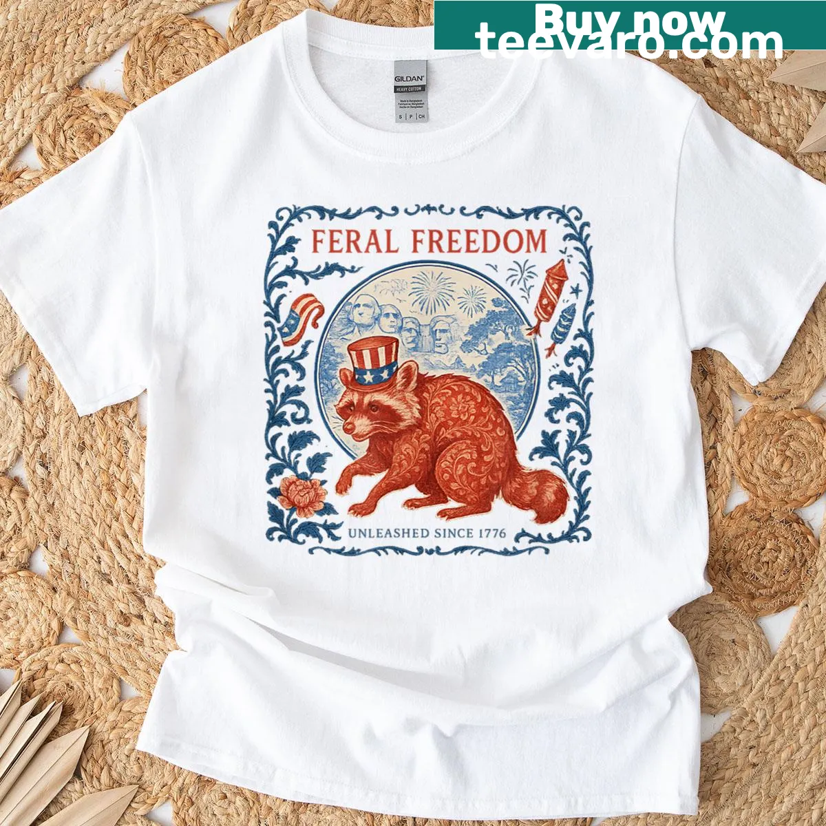 Vintage-style t-shirt with a patriotic raccoon design for July 4th — on a men's t-shirt