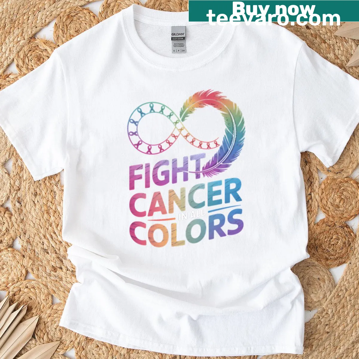 T-shirt with a heart graphic and rainbow ribbons supporting cancer awareness — on a men's t-shirt