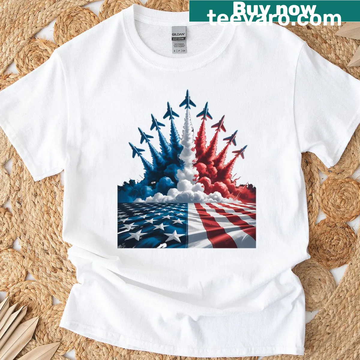 Fighter jet design with USA flag for Fourth of July T-shirt — on a men's t-shirt