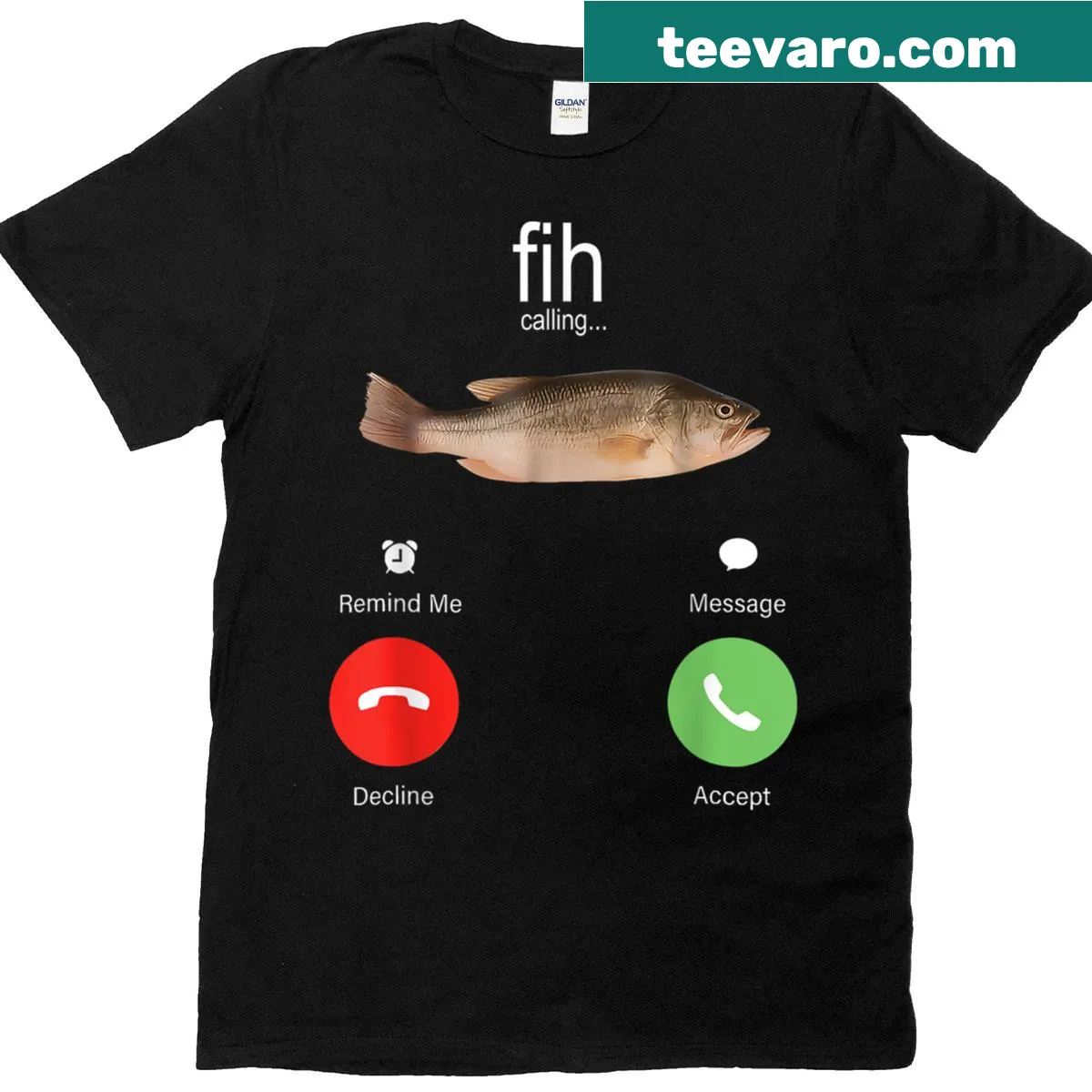 Humorous fishing t-shirt with text about declining phone calls while fishing — on a men's t-shirt