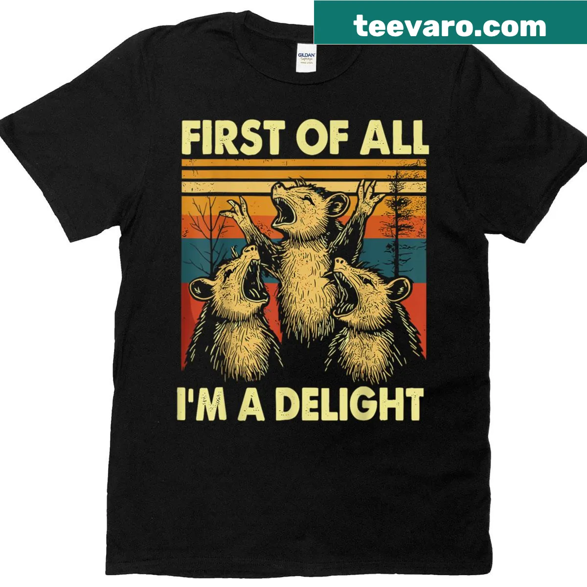 Sarcastic t-shirt featuring an opossum and humorous text about being a delight — on a men's t-shirt