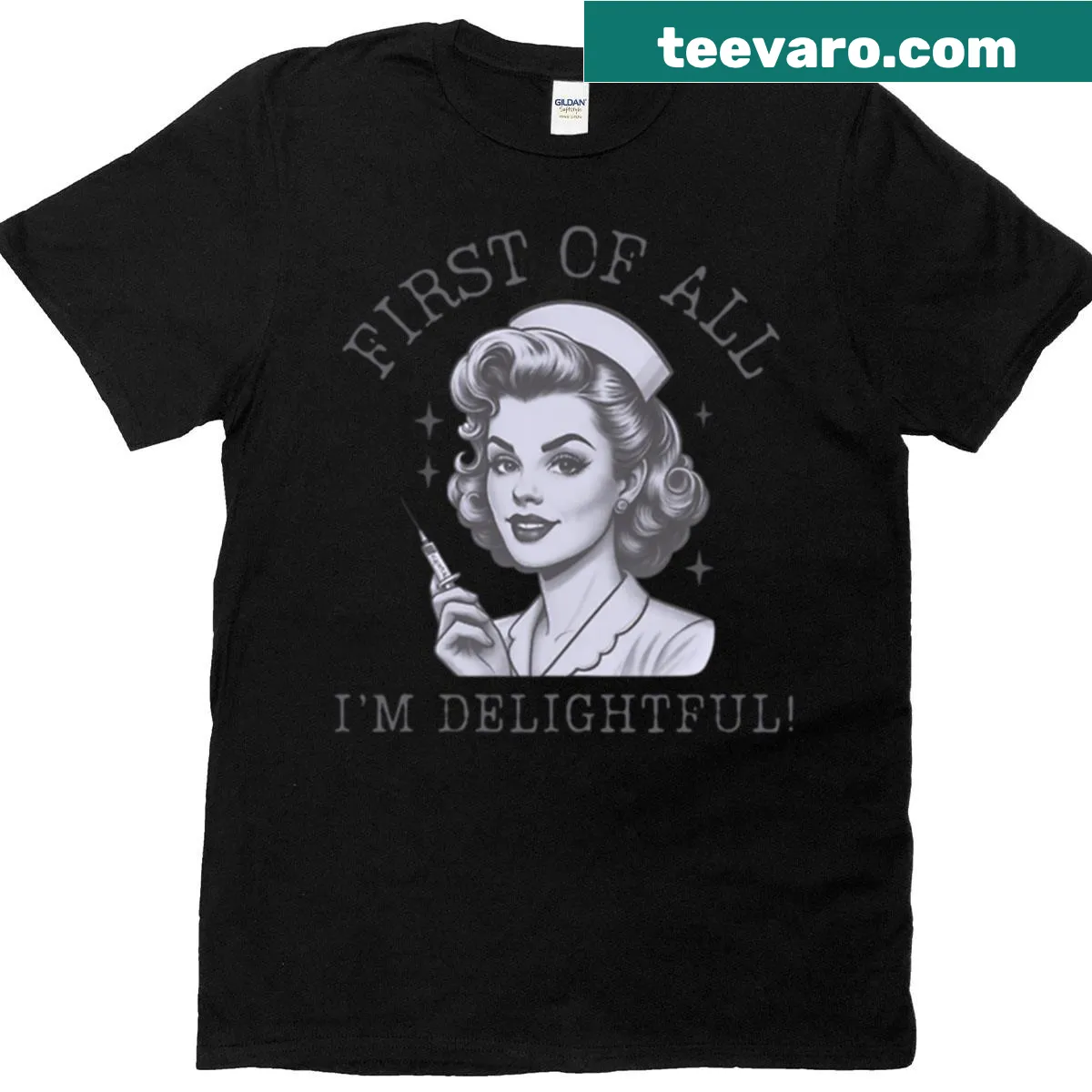 Vintage style T-shirt with 'First Of All, I'm Delightful' text — on a men's t-shirt
