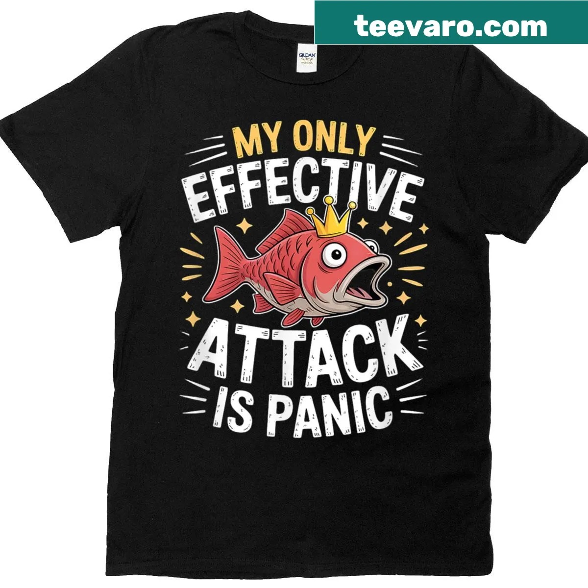 Humorous fishing saying on t-shirt about panic — on a men's t-shirt