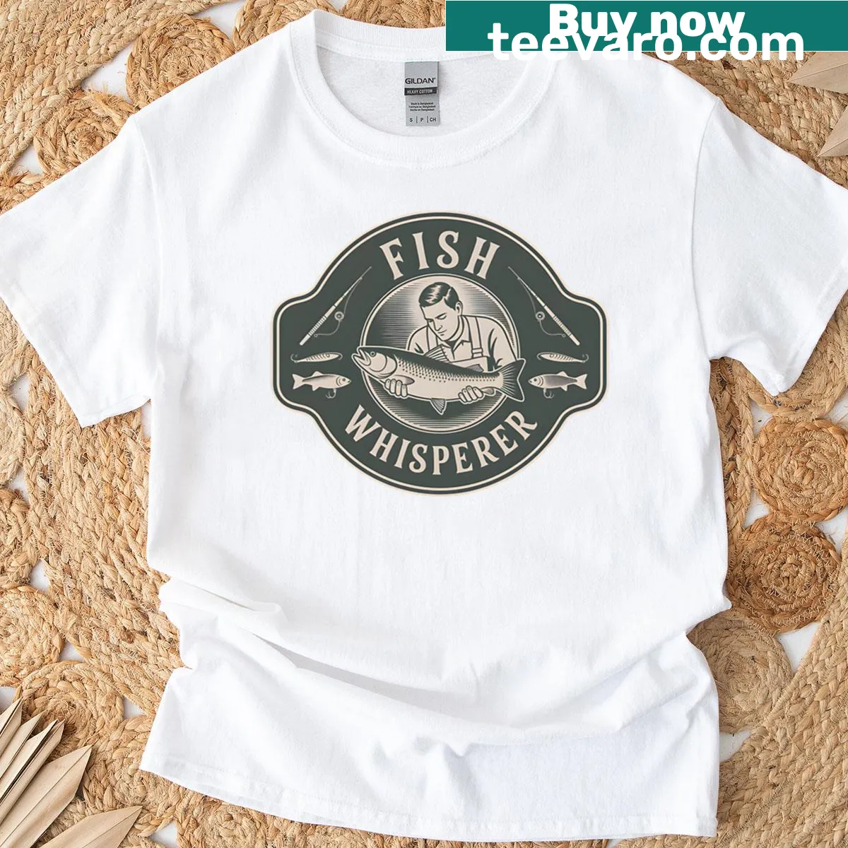 Vintage-style oversized T-shirt with 'Fish Whisperer' badge design — on a men's t-shirt