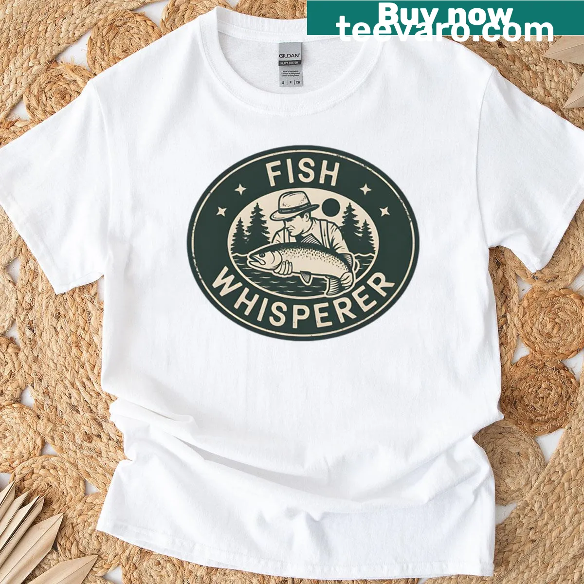Vintage-style T-shirt with 'Fish Whisperer' fishing graphic — on a men's t-shirt