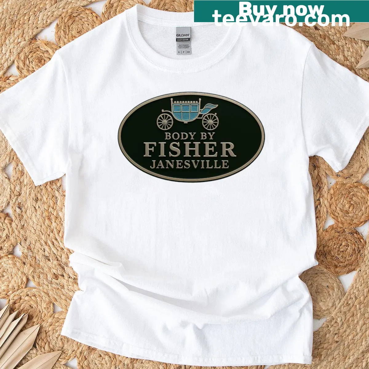 Vintage badge design reading 'Fisher Janesville' emblem T-shirt — on a men's t-shirt
