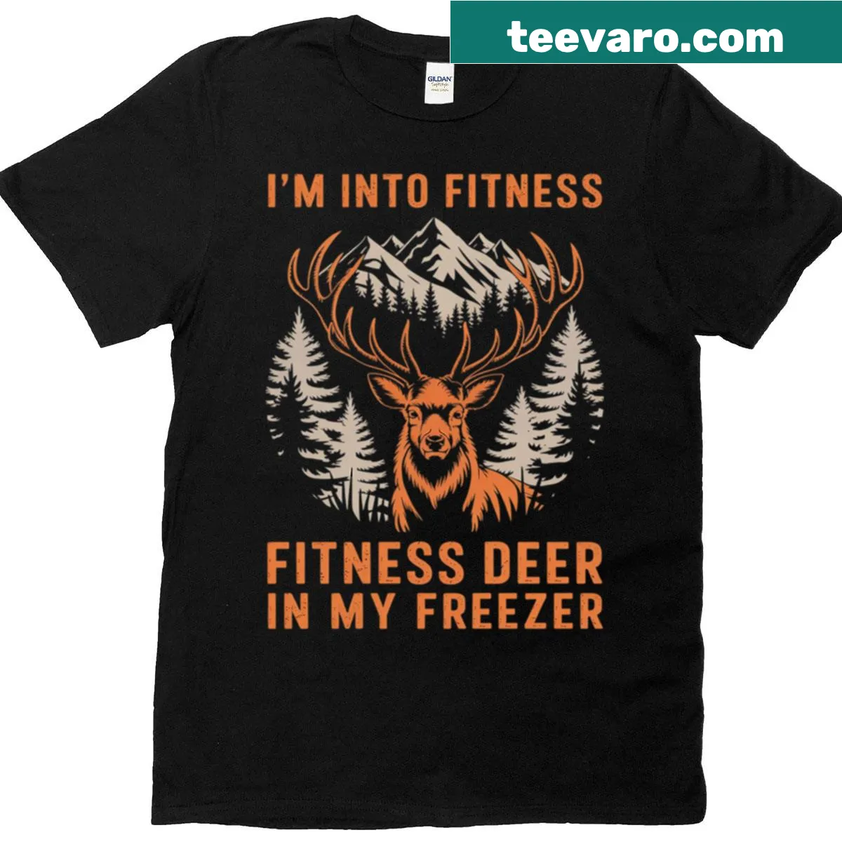 Playful fitness t-shirt with humorous hunting text — on a men's t-shirt