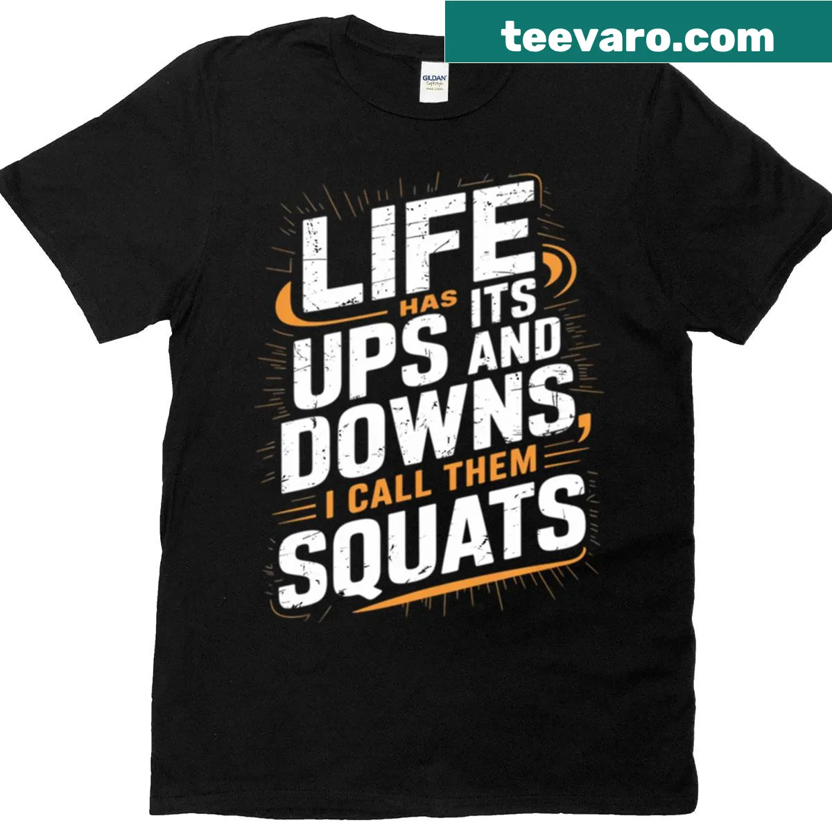 Motivational T-shirt for gym workouts with squat theme — on a men's t-shirt