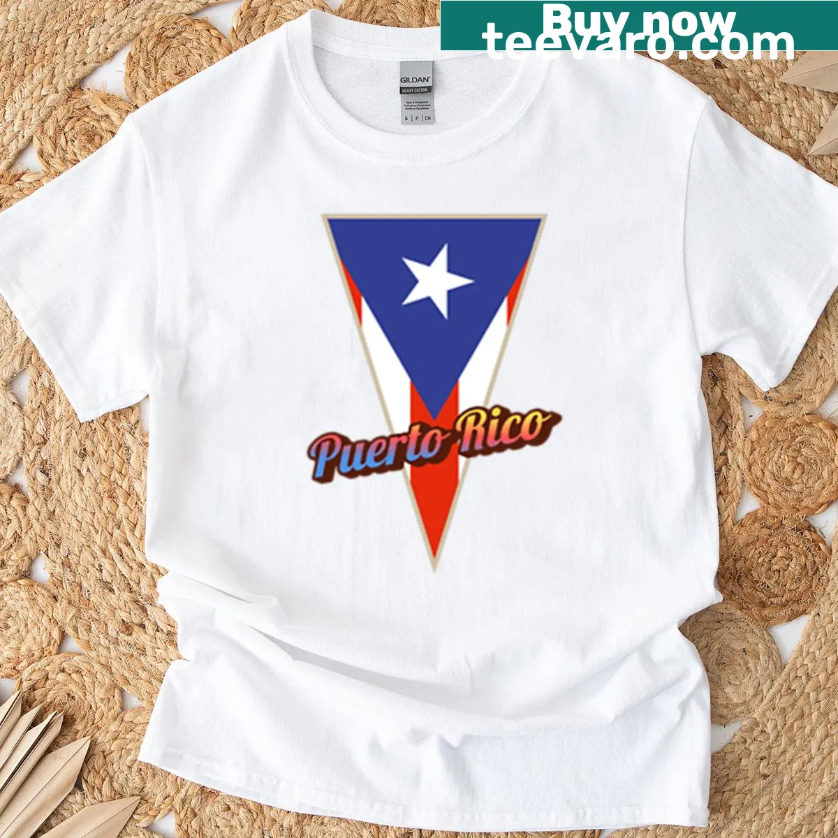 Vertical Puerto Rico flag T-shirt design — on a men's t-shirt