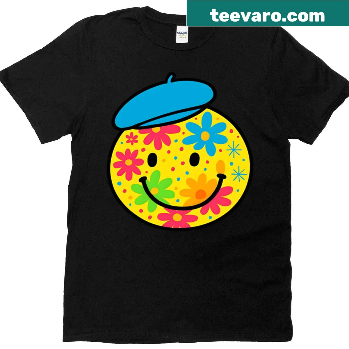 T-shirt featuring a happy face graphic surrounded by flowers — on a men's t-shirt
