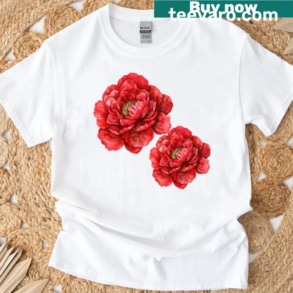 Illustrated red peony flower graphic on T-shirt