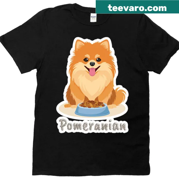Oversized T-shirt featuring a fluffy Pomeranian puppy and food bowl