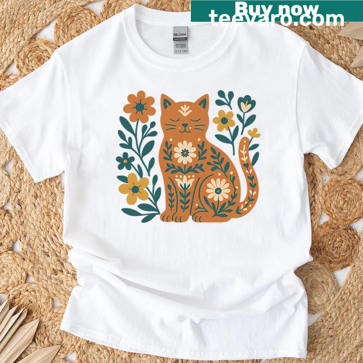 Boho vintage cat with flowers graphic on T-shirt — on a men's t-shirt