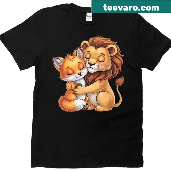 Cute illustration of a fox and lion hugging on a t-shirt