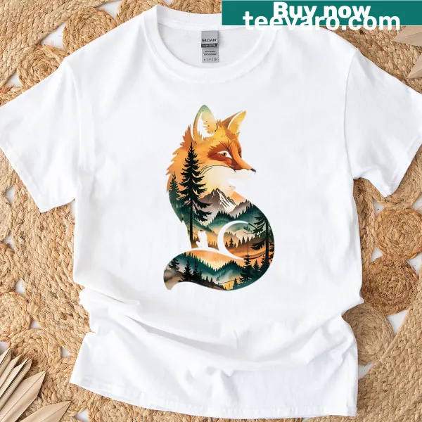 Nature-themed t-shirt featuring a fox in a mountain landscape