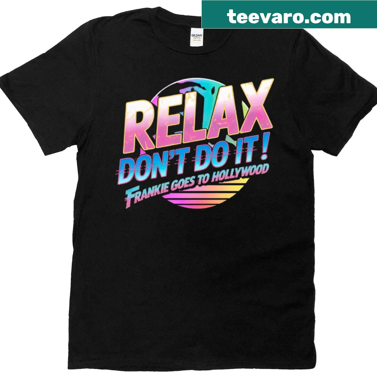 Retro T-shirt featuring 'Frankie Says Relax' text — on a men's t-shirt