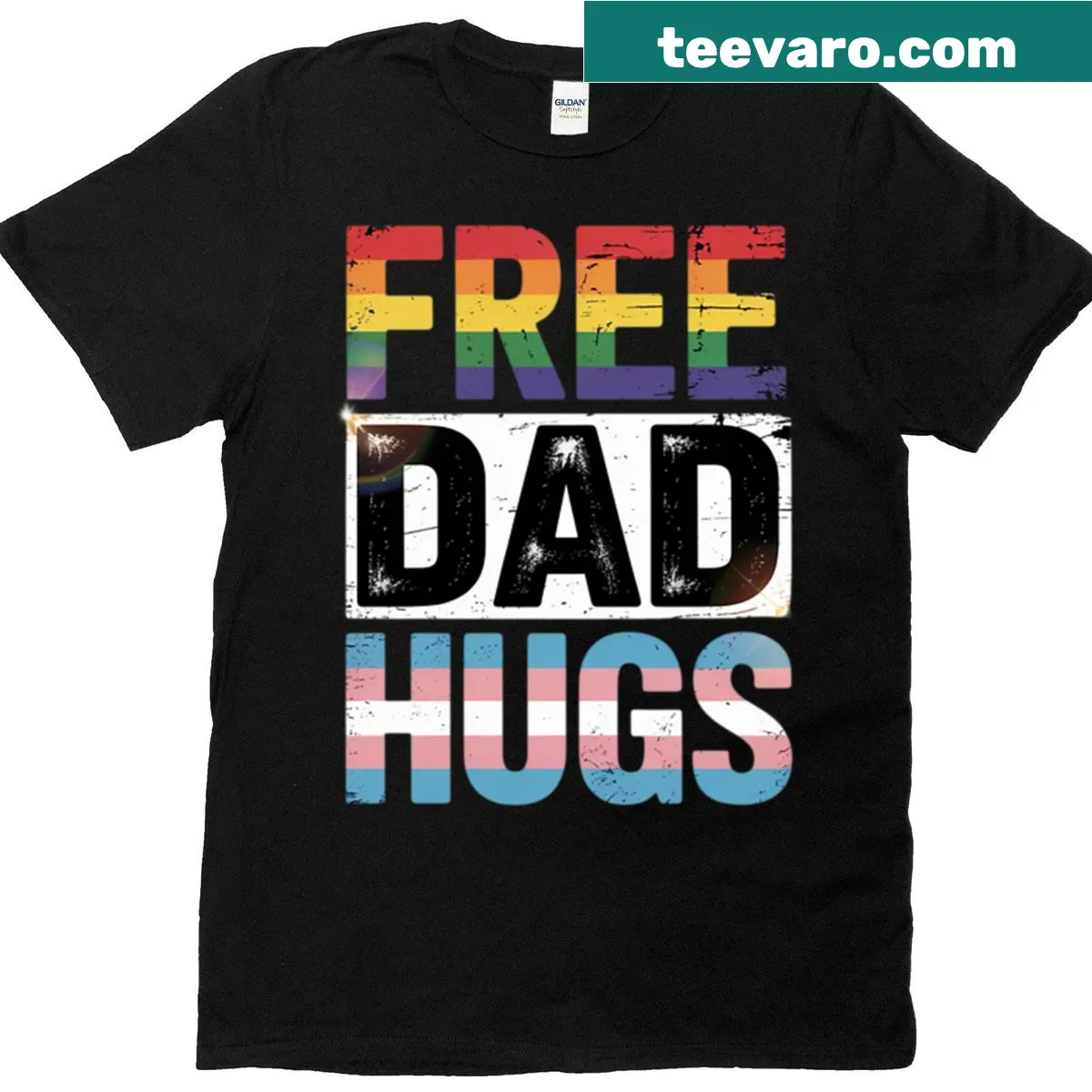 Proud ally T-shirt with 'Free Dad Hugs' message for LGBTQ+ support — on a men's t-shirt