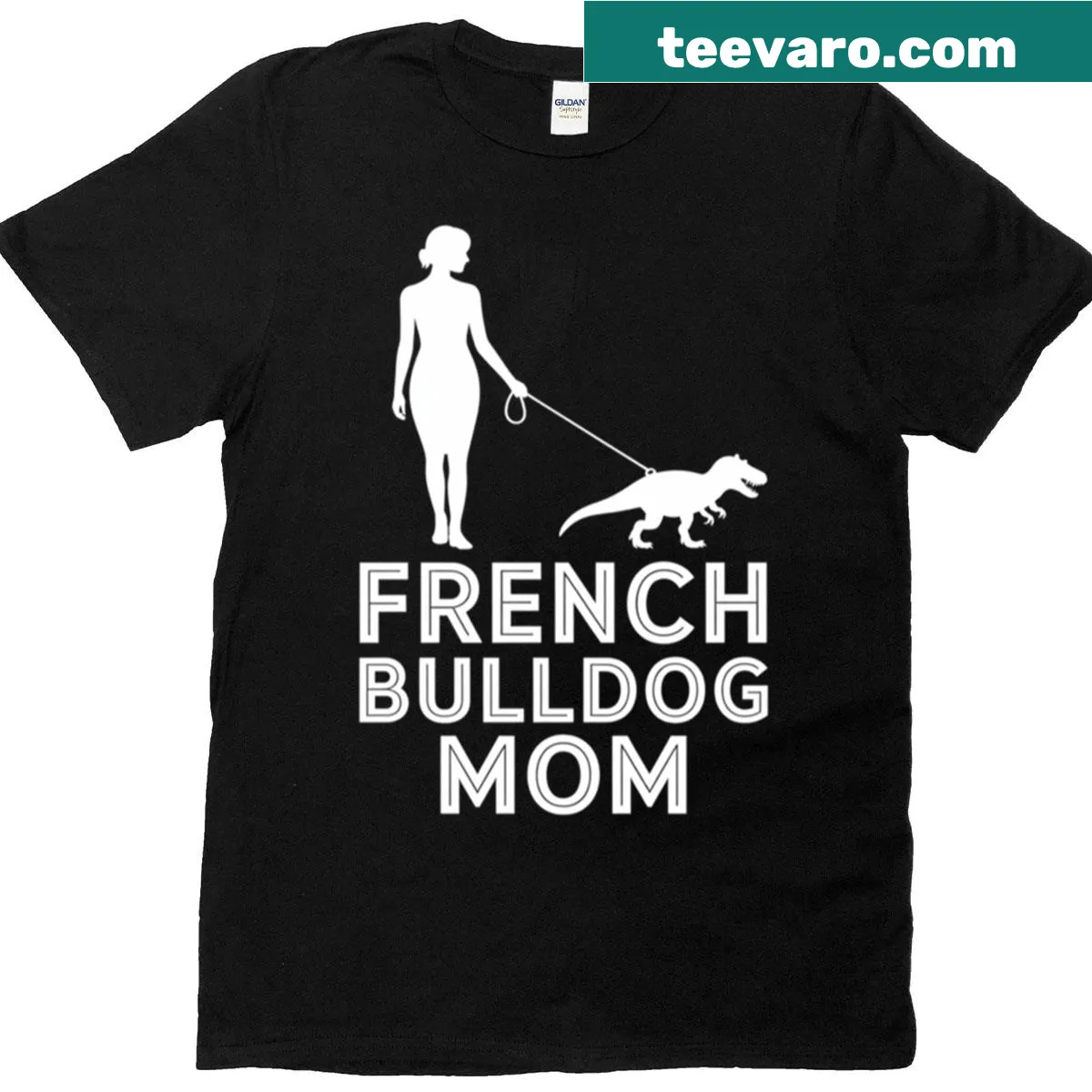 Illustration of a dinosaur and a French Bulldog on a T-shirt for dog moms. — on a men's t-shirt