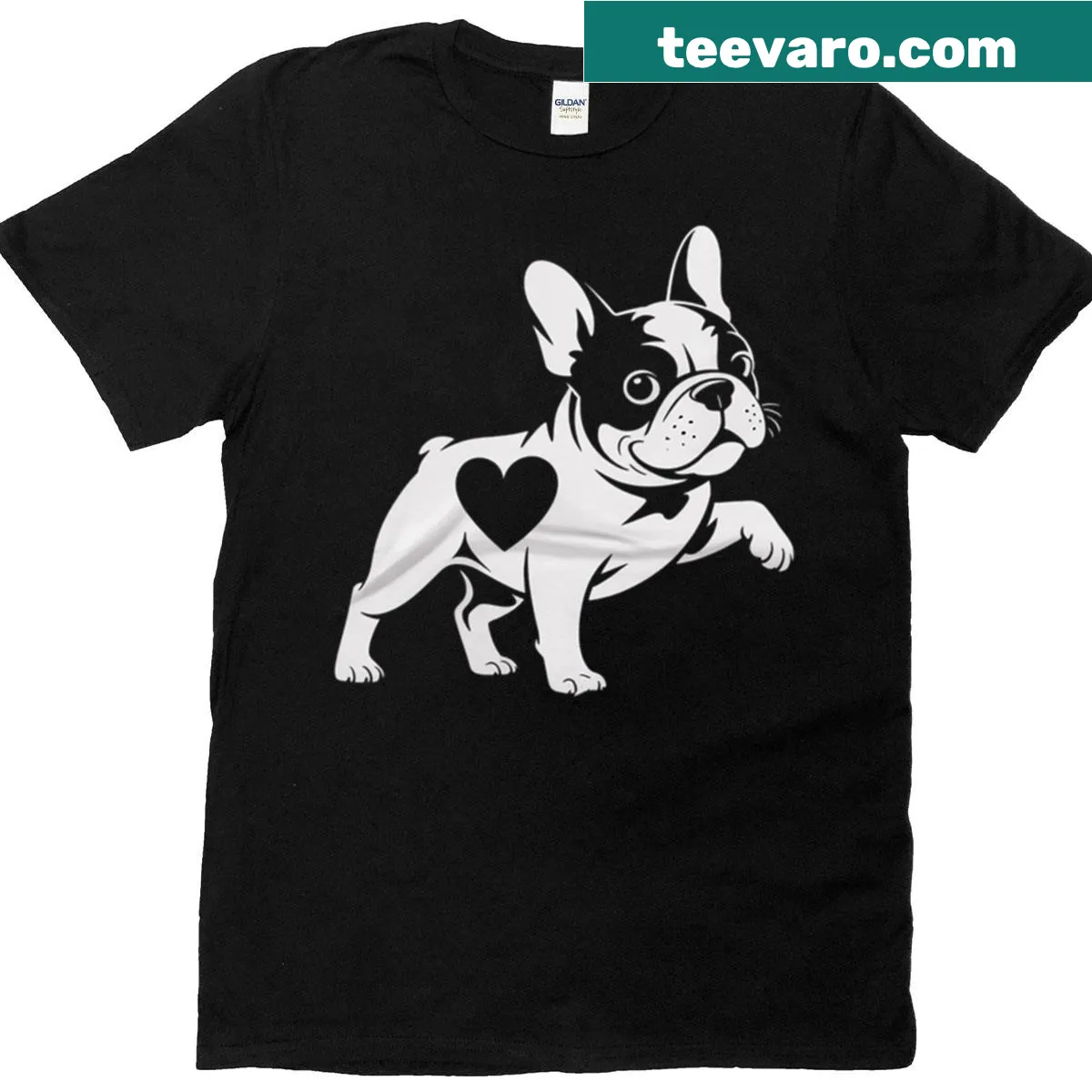 Graphic of a French Bulldog in a yoga pose with hearts on a T-shirt. — on a men's t-shirt