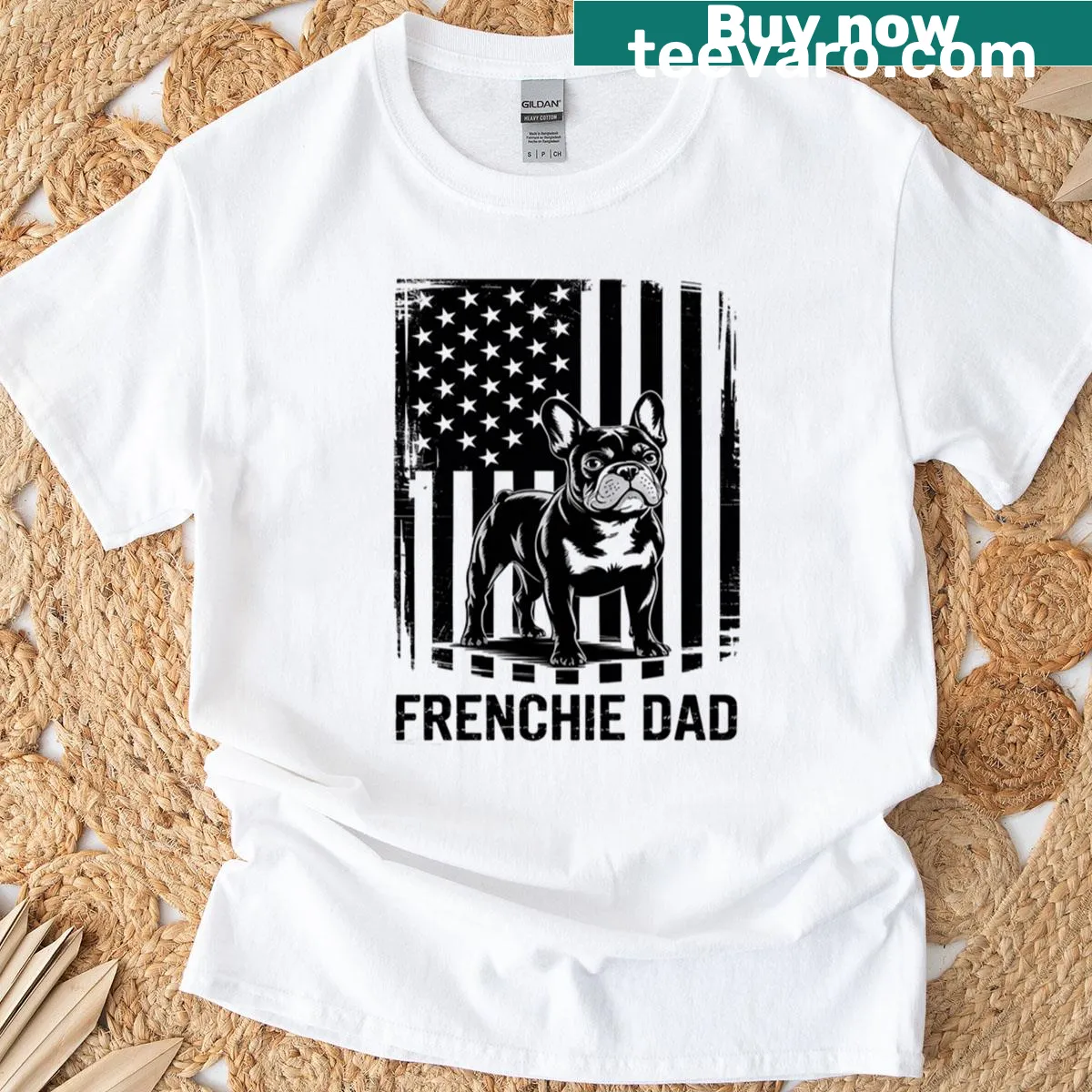 American flag French Bulldog graphic t-shirt for dog lovers — on a men's t-shirt