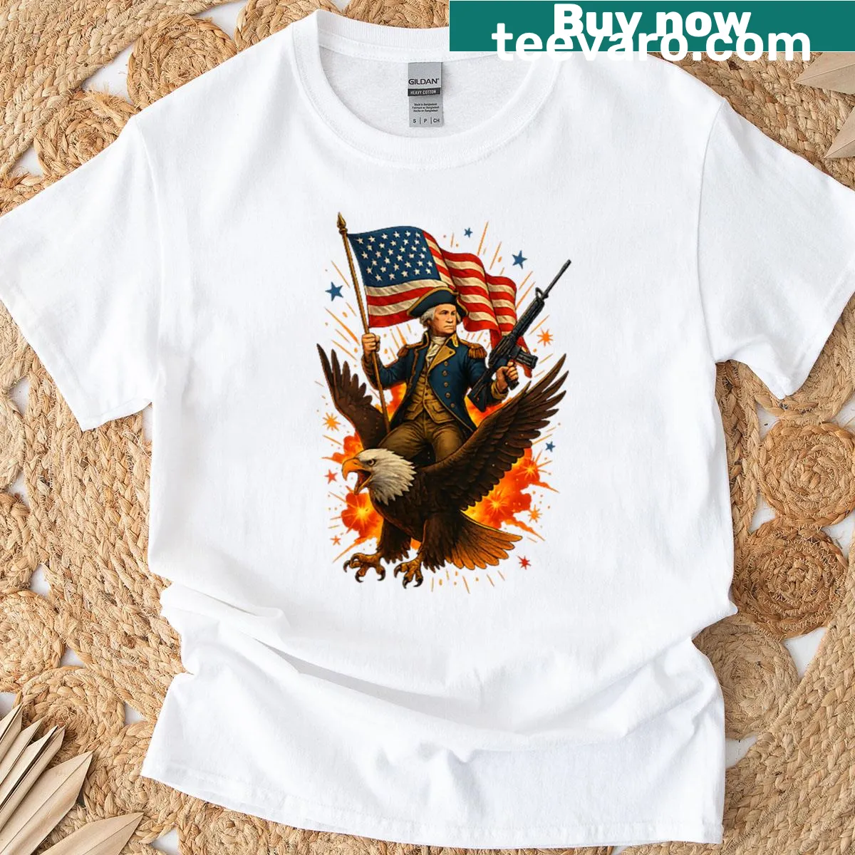 Funny 4th of July T-shirt with eagle and kilometer joke text — on a men's t-shirt