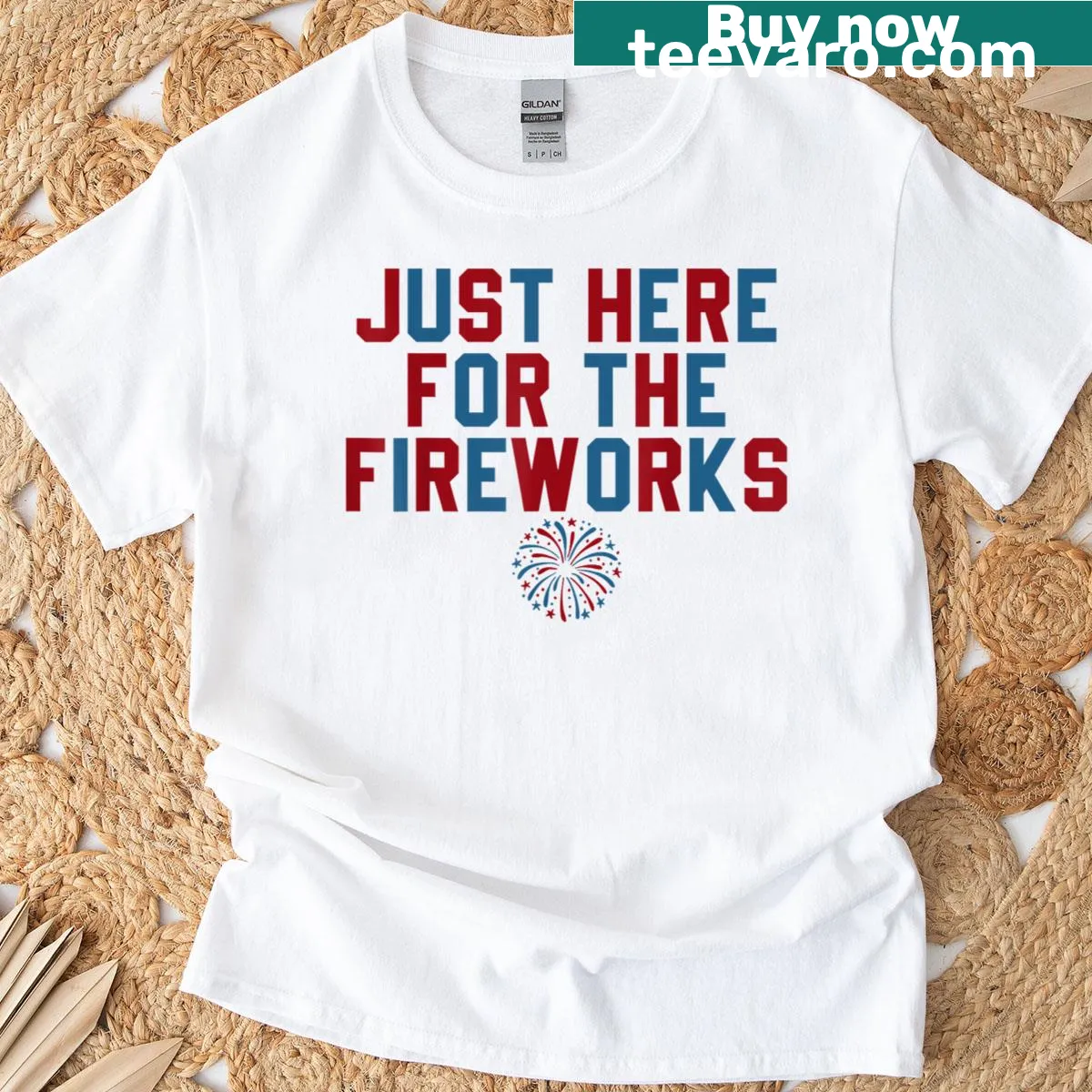 Couple-themed shirt stating 'Just Here For The Fireworks' — on a men's t-shirt